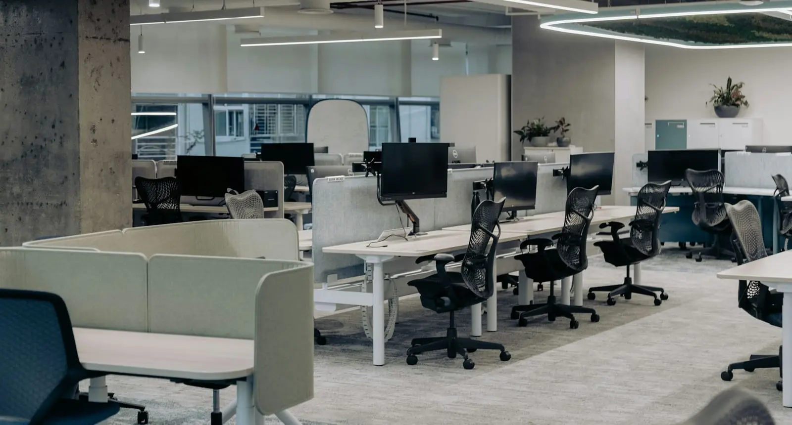 Rows of desks and chairs in a quiet open-plan office