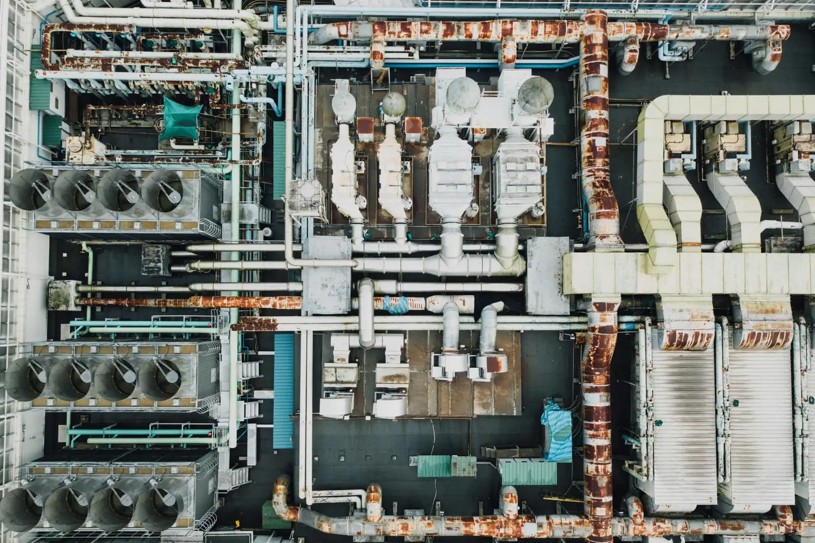 Aerial view of pipework and equipment on an industrial plant