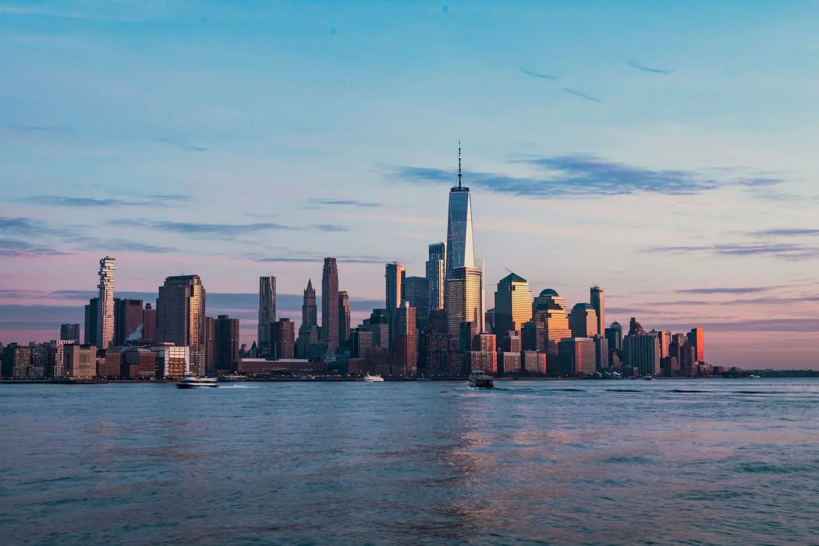 The Manhattan skyline seen across the Hudson River at golden hour